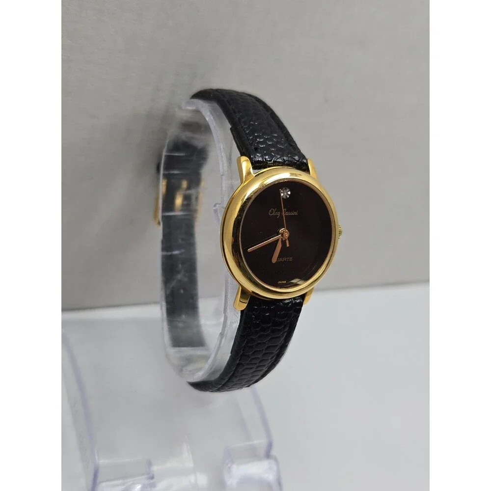 Oleg Cassini Womens Diamond Accent Black Dial Gold Tone Quartz Watch New Battery